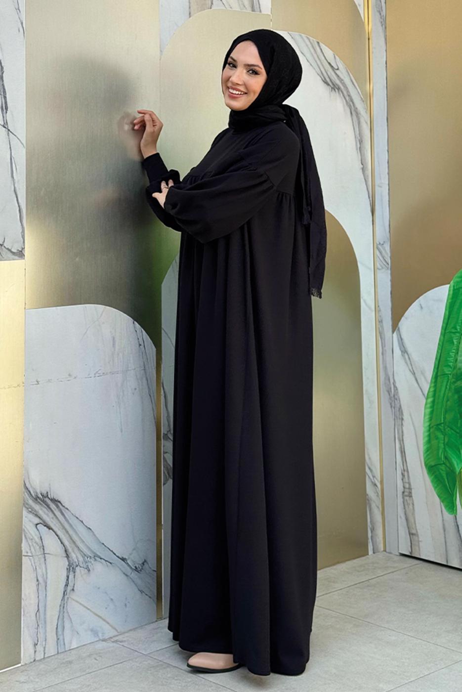 Tesettür giyim SİYAH BALON KOL ÖRME ELBİSE T 9106