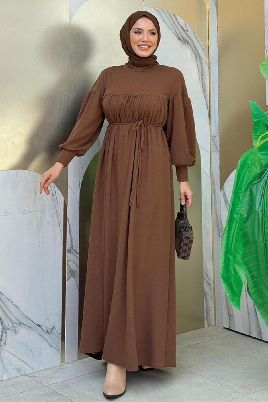 Tesettür giyim KAHVE BALON KOL ÖRME ELBİSE T 9106