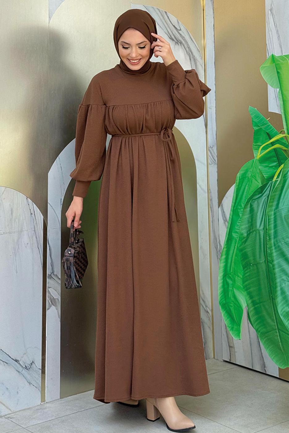Tesettür giyim KAHVE BALON KOL ÖRME ELBİSE T 9106