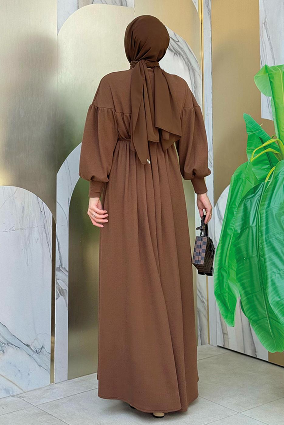 Tesettür giyim KAHVE BALON KOL ÖRME ELBİSE T 9106
