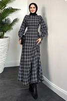 Tesettür giyim SİYAH EKOSE DESENLİ ELBİSE T 9216