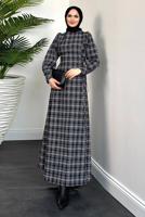 Tesettür giyim SİYAH EKOSE DESENLİ ELBİSE T 9216