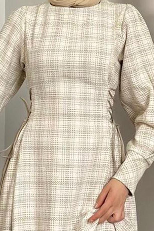 cream tartan dress Count Me In Plaid Dress in Warm Taupe