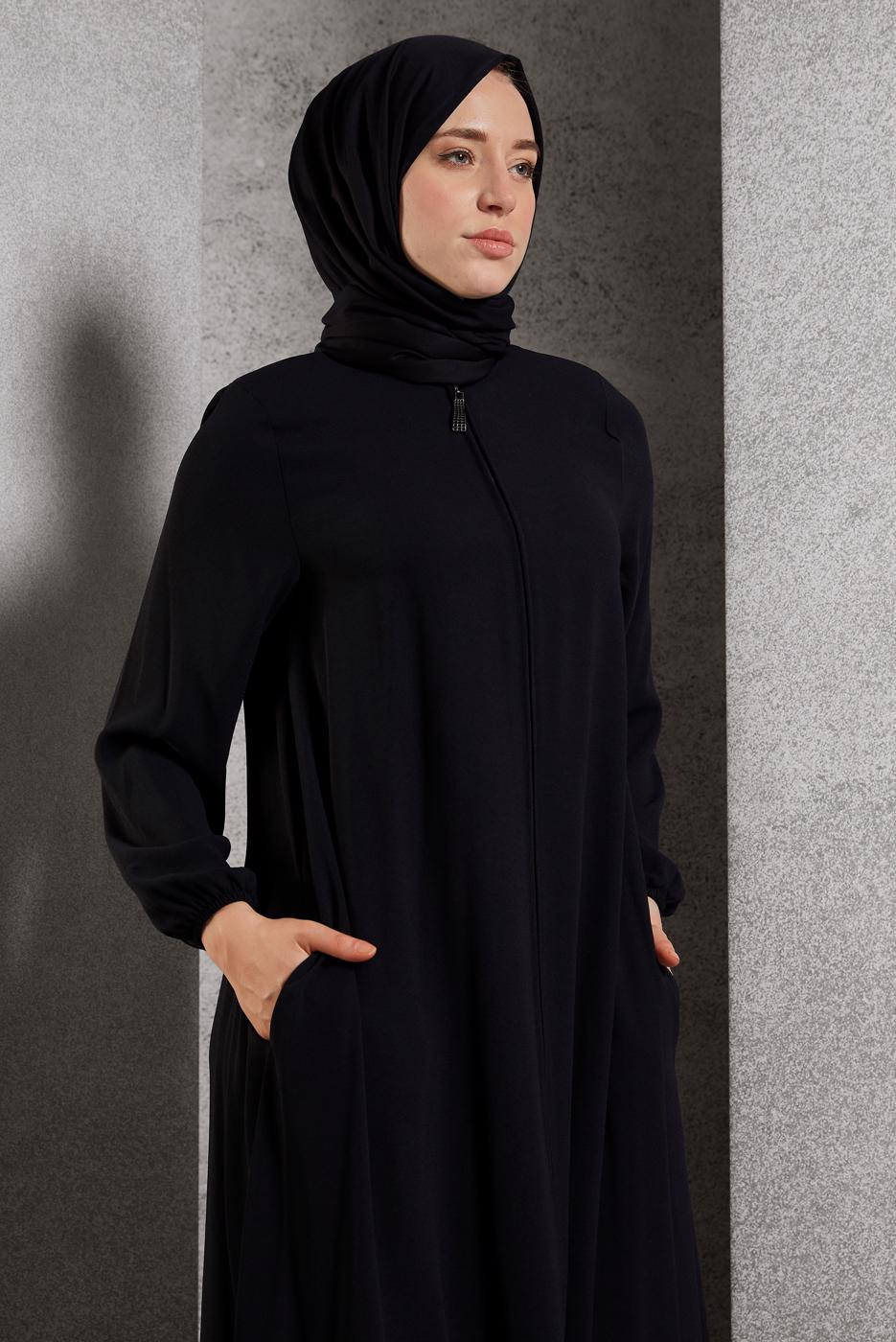 Tesettür giyim SİYAH FERMUARLI FERACE T 6906