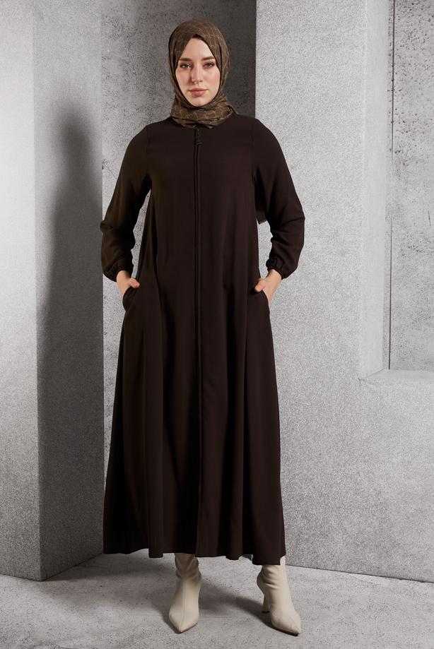 Tesettür giyim KAHVE FERMUARLI FERACE T 6906 - TRENDTESETTÜR
