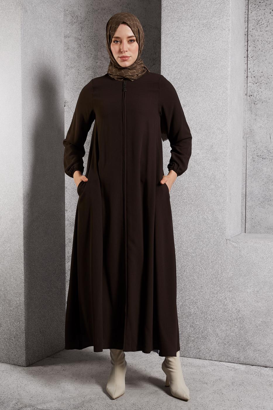 Tesettür giyim KAHVE FERMUARLI FERACE T 6906
