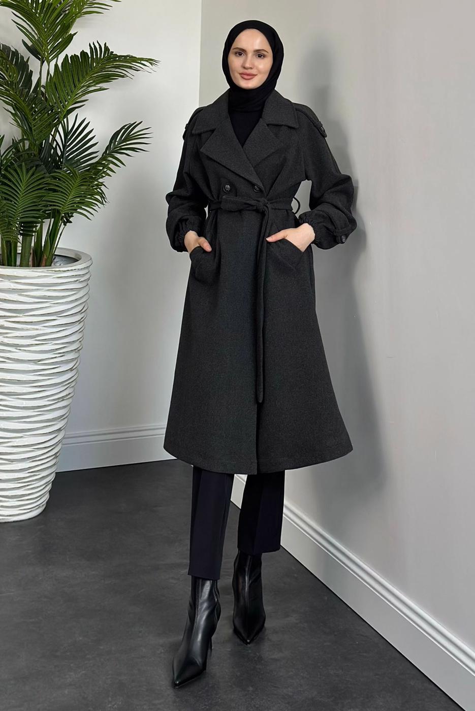 Tesettür giyim GRİ KUŞAKLI KABAN T 0116