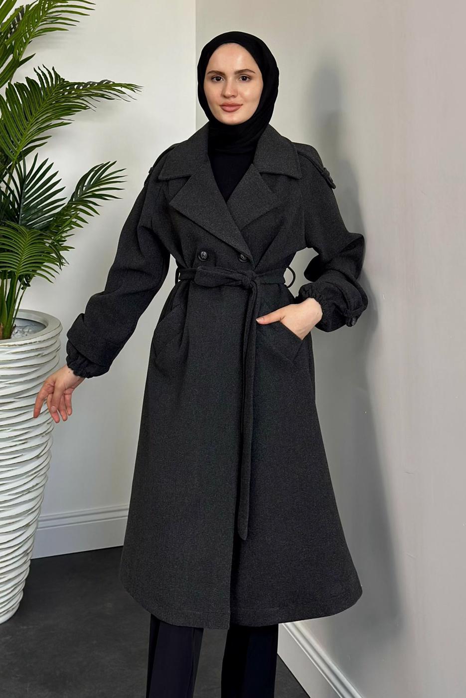 Tesettür giyim GRİ KUŞAKLI KABAN T 0116