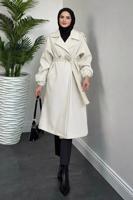 Tesettür giyim BEJ KUŞAKLI KABAN T 0116