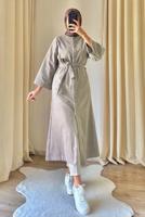 Tesettür giyim KREM KUŞAKLI KABAN T 0316