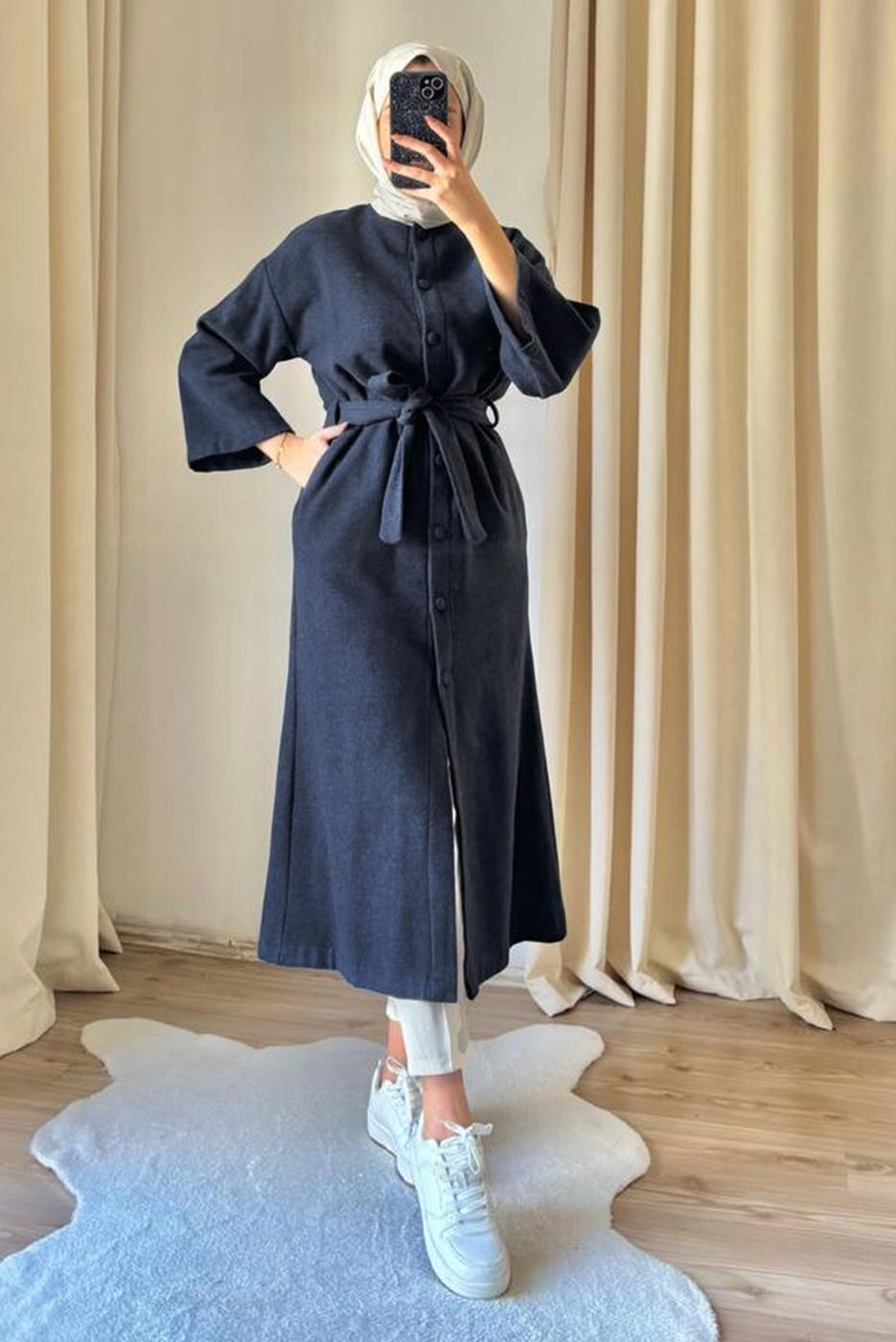 Hijab clothing NAVY BLUE BELTED COAT T 0316