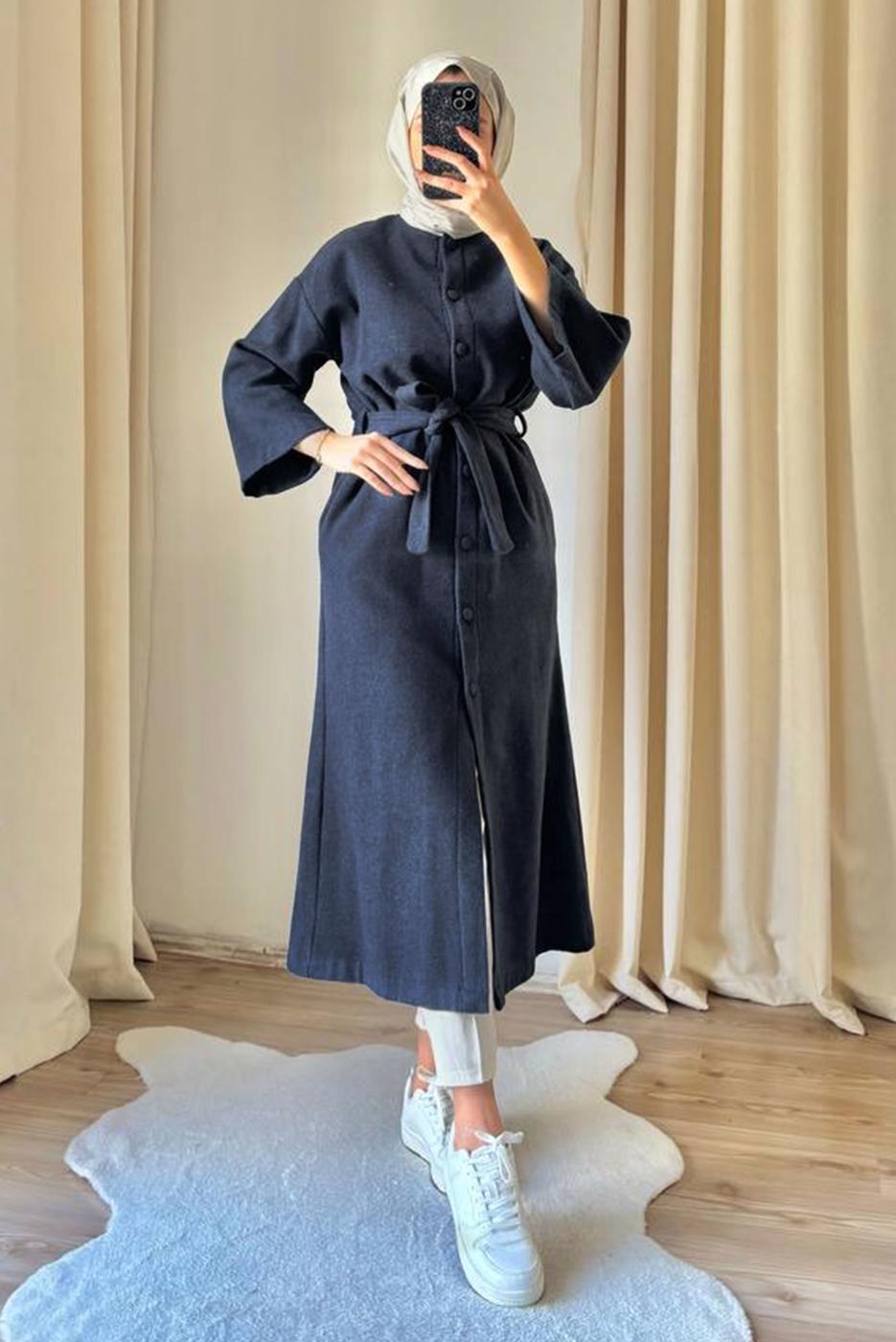 Hijab clothing NAVY BLUE BELTED COAT T 0316