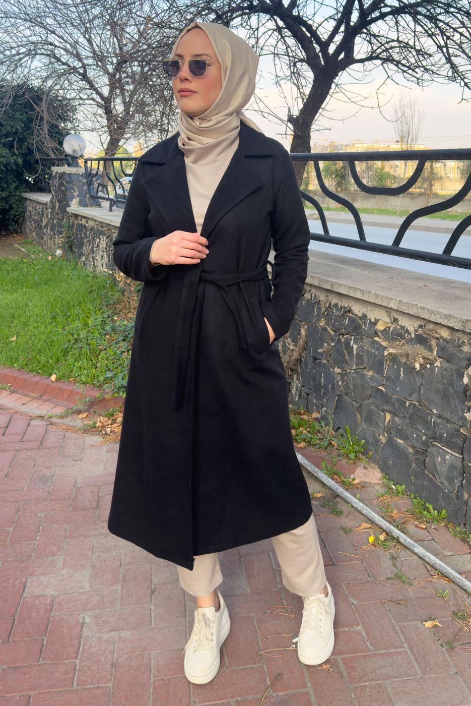 Tesettür giyim SİYAH KUŞAKLI KABAN T 0532 