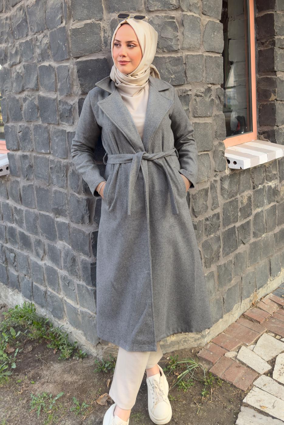 Tesettür giyim GRİ KUŞAKLI KABAN T 0532 