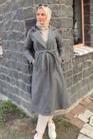 Tesettür giyim GRİ KUŞAKLI KABAN T 0532 