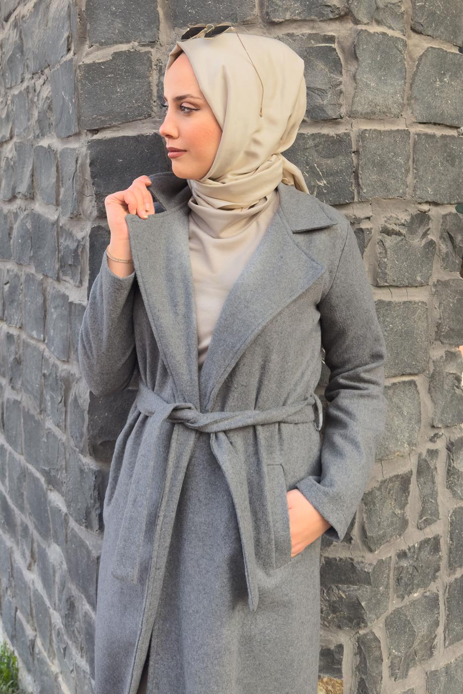 Tesettür giyim GRİ KUŞAKLI KABAN T 0532 