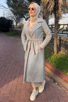 Tesettür giyim GRİ KUŞAKLI KABAN T 0532 