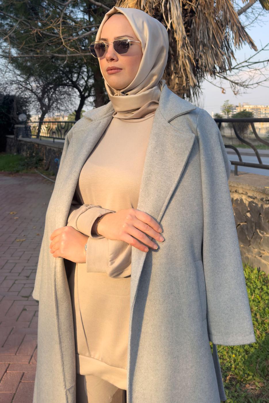 Tesettür giyim GRİ KUŞAKLI KABAN T 0532 