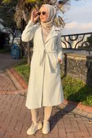 Tesettür giyim EKRU KUŞAKLI KABAN T 0532 