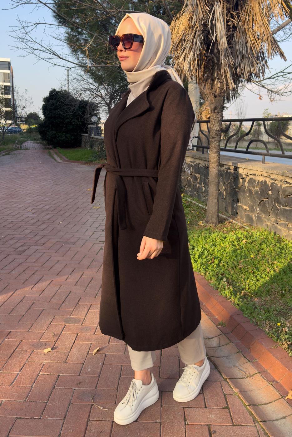 Tesettür giyim KAHVE KUŞAKLI KABAN T 0532 