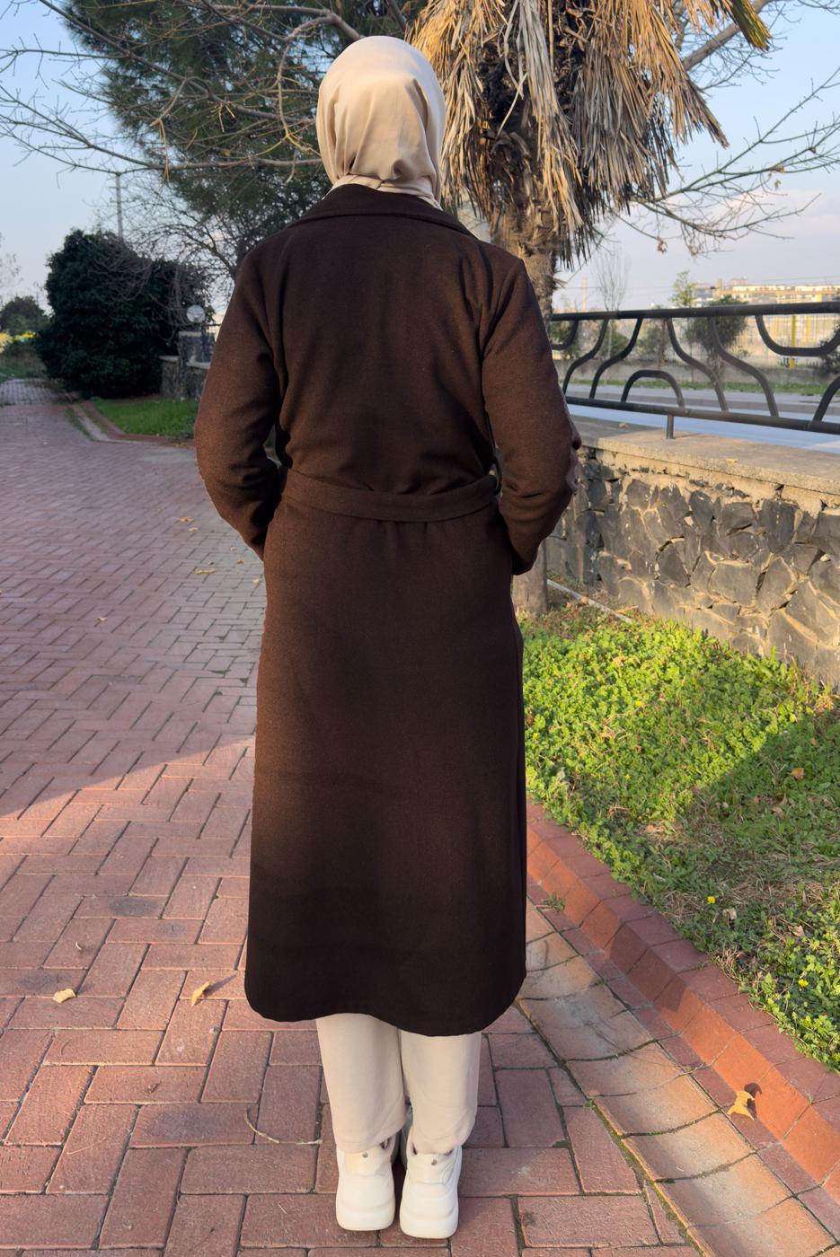 Tesettür giyim KAHVE KUŞAKLI KABAN T 0532 