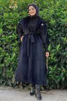 Tesettür giyim SİYAH KUŞAKLI PELUŞ KABAN T 3297
