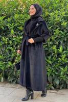 Tesettür giyim SİYAH KUŞAKLI PELUŞ KABAN T 3297