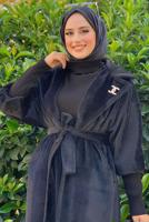Tesettür giyim SİYAH KUŞAKLI PELUŞ KABAN T 3297