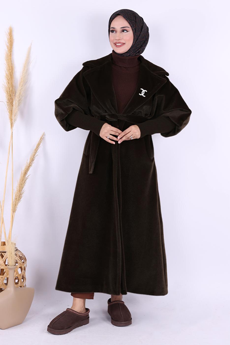 Hijab clothing BROWN BELTED PLUSHY COAT T 3297