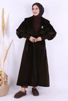 Hijab clothing BROWN BELTED PLUSHY COAT T 3297
