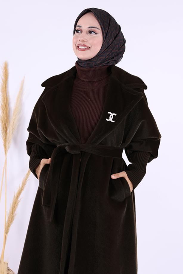 Tesettür giyim KAHVE KUŞAKLI PELUŞ KABAN T 3297 - TRENDTESETTÜR