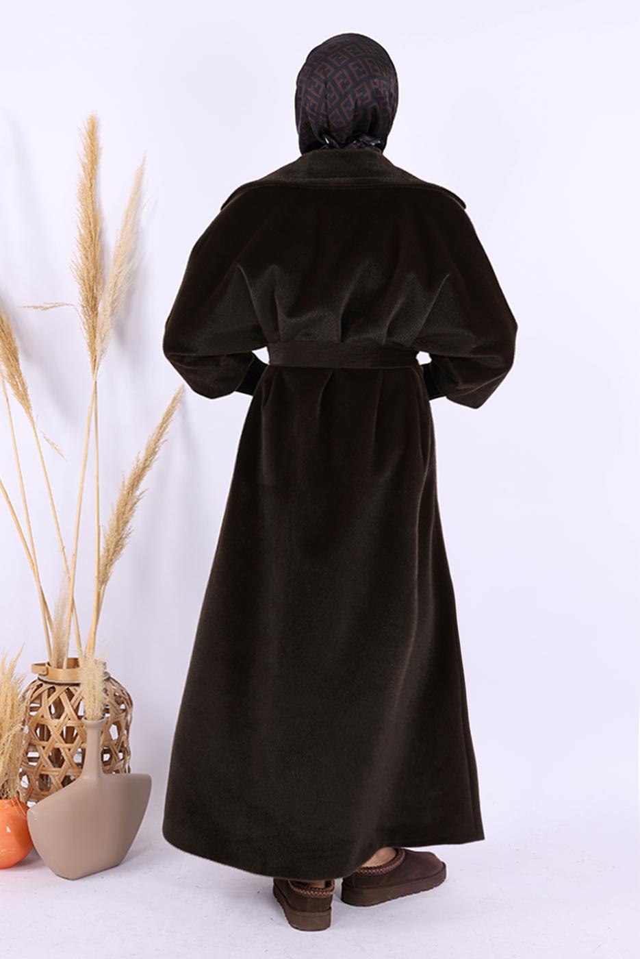 Hijab clothing BROWN BELTED PLUSHY COAT T 3297