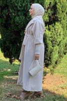 Tesettür giyim BEJ KUŞAKLI PELUŞ KABAN T 3297