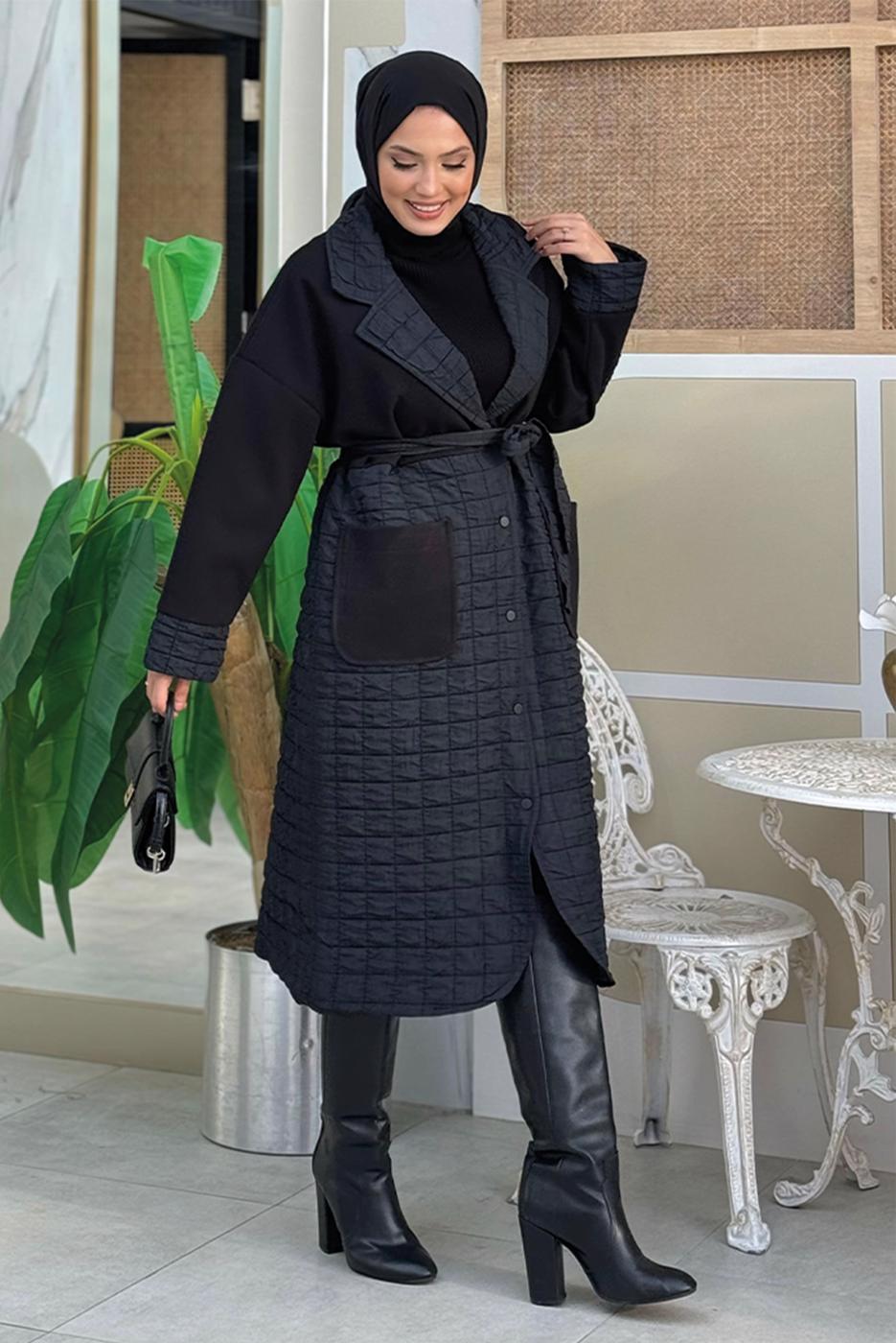 Tesettür giyim SİYAH KAPİTONE KUŞAKLI KABAN T 3687