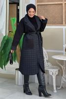Tesettür giyim SİYAH KAPİTONE KUŞAKLI KABAN T 3687