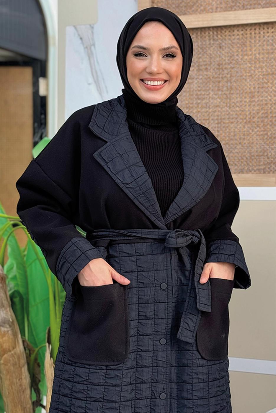 Tesettür giyim SİYAH KAPİTONE KUŞAKLI KABAN T 3687