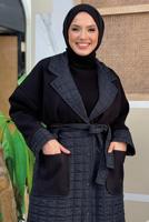 Tesettür giyim SİYAH KAPİTONE KUŞAKLI KABAN T 3687