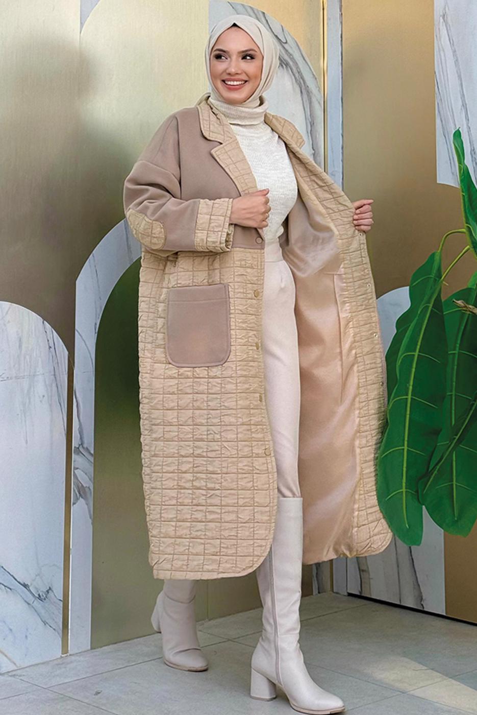 Tesettür giyim VİZON KAPİTONE KUŞAKLI KABAN T 3687