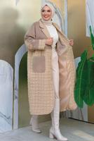 Tesettür giyim VİZON KAPİTONE KUŞAKLI KABAN T 3687