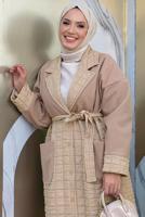 Tesettür giyim VİZON KAPİTONE KUŞAKLI KABAN T 3687