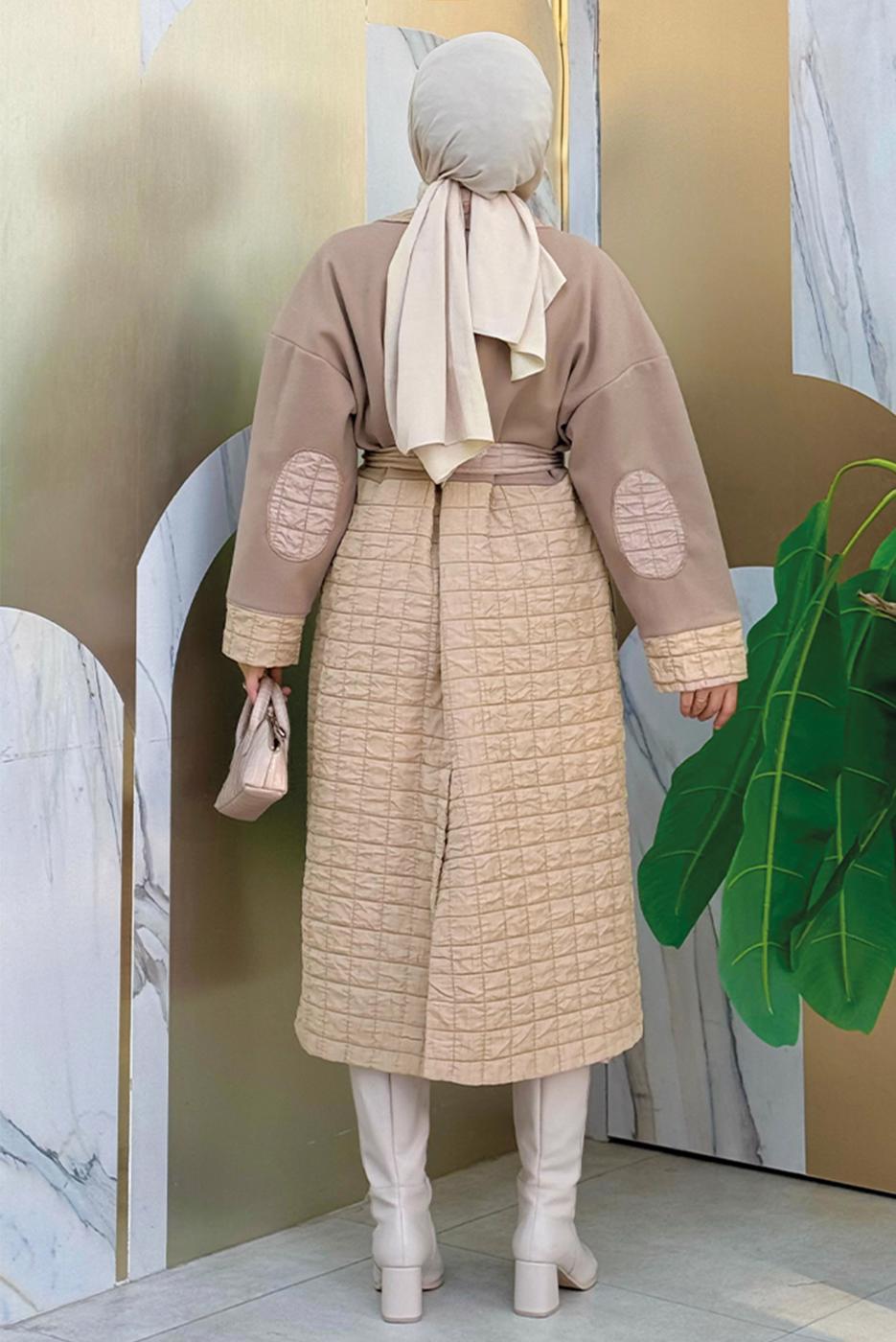 Tesettür giyim VİZON KAPİTONE KUŞAKLI KABAN T 3687