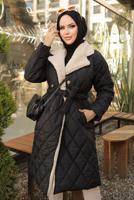 Tesettür giyim SİYAH KUŞAKLI KÜRKLÜ KABAN T 4084