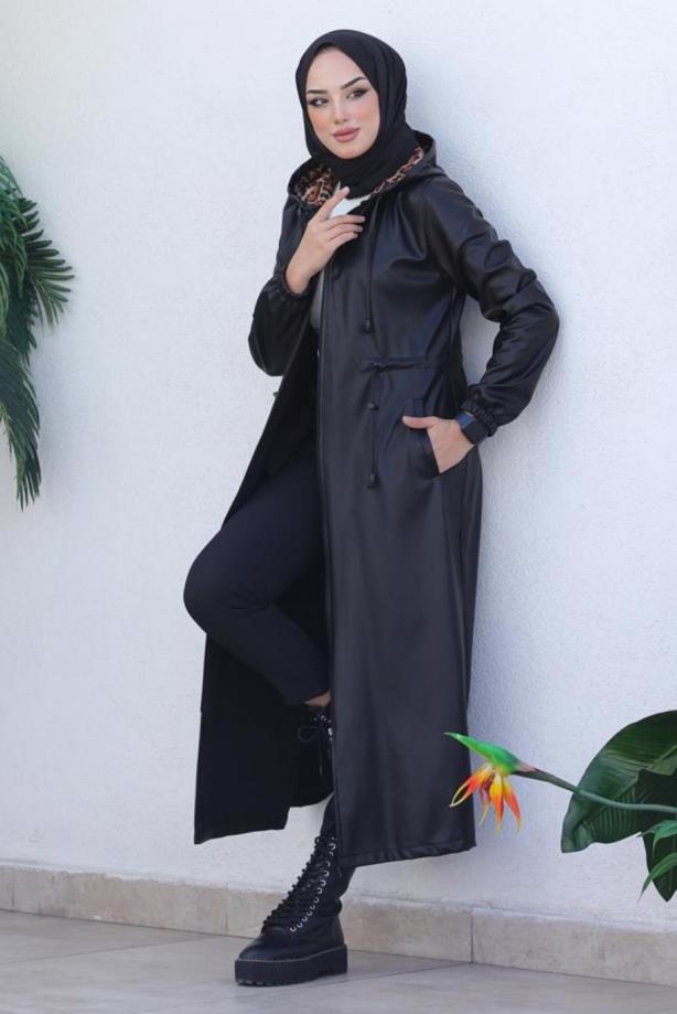 Vêtements hijab  HOODED FAUX LEATHER COAT T 4121 - TRENDTESETTÜR