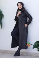 Vêtements hijab NOIR MANTEAU EN SIMILI CUIR À CAPUCHE T 4121