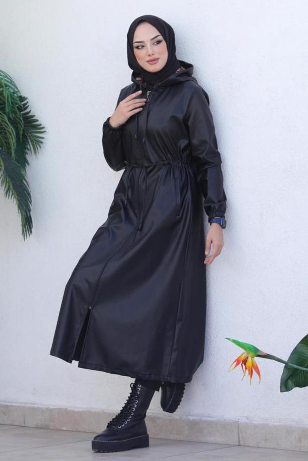 Vêtements hijab  HOODED FAUX LEATHER COAT T 4121 - TRENDTESETTÜR