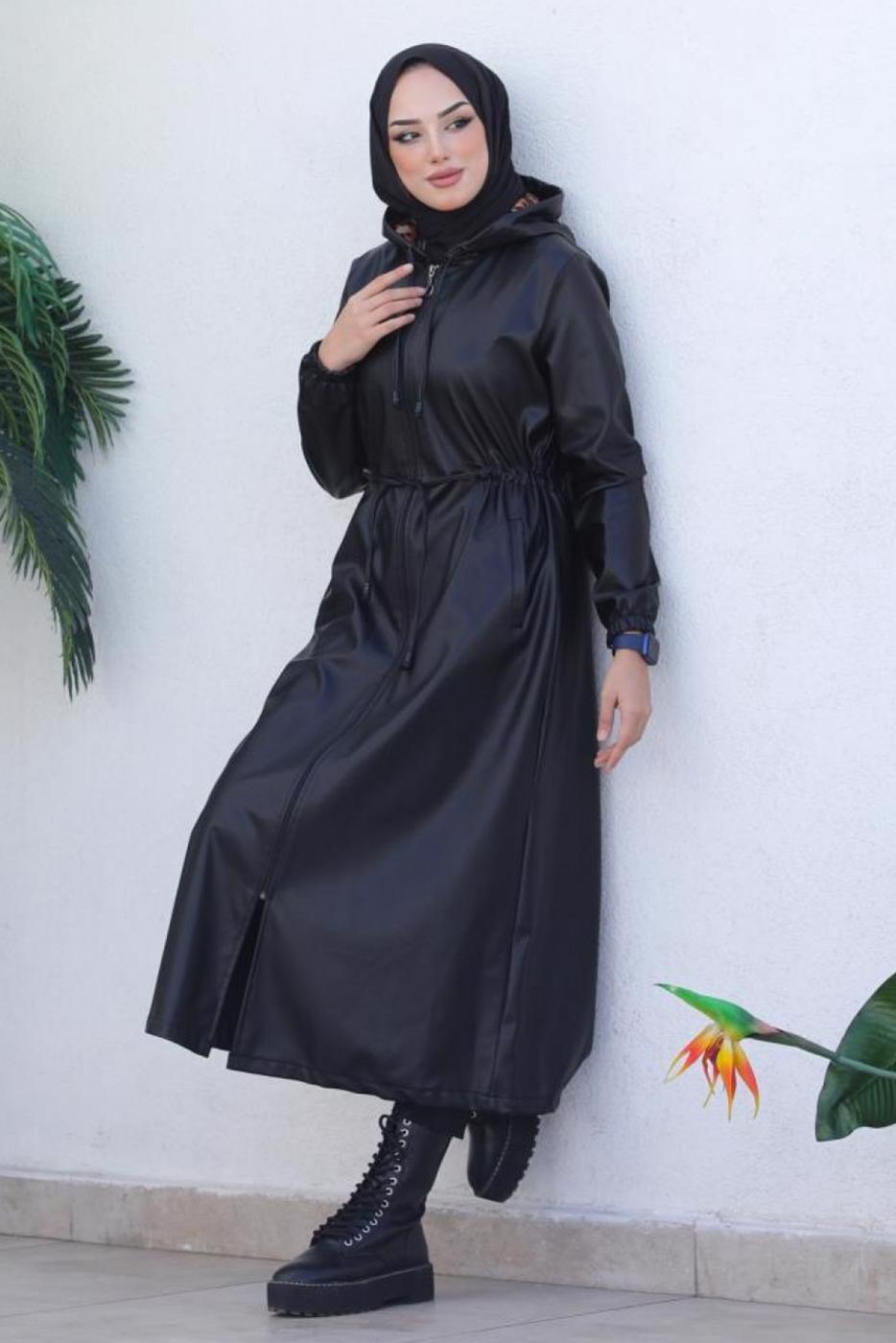 Vêtements hijab NOIR MANTEAU EN SIMILI CUIR À CAPUCHE T 4121