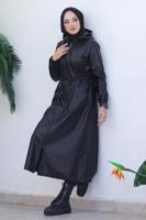 Vêtements hijab NOIR MANTEAU EN SIMILI CUIR À CAPUCHE T 4121