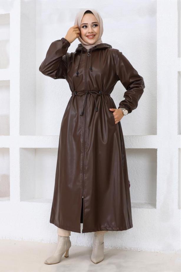 Vêtements hijab BRUN MANTEAU EN SIMILI CUIR À CAPUCHE T 4121 - TRENDTESETTÜR
