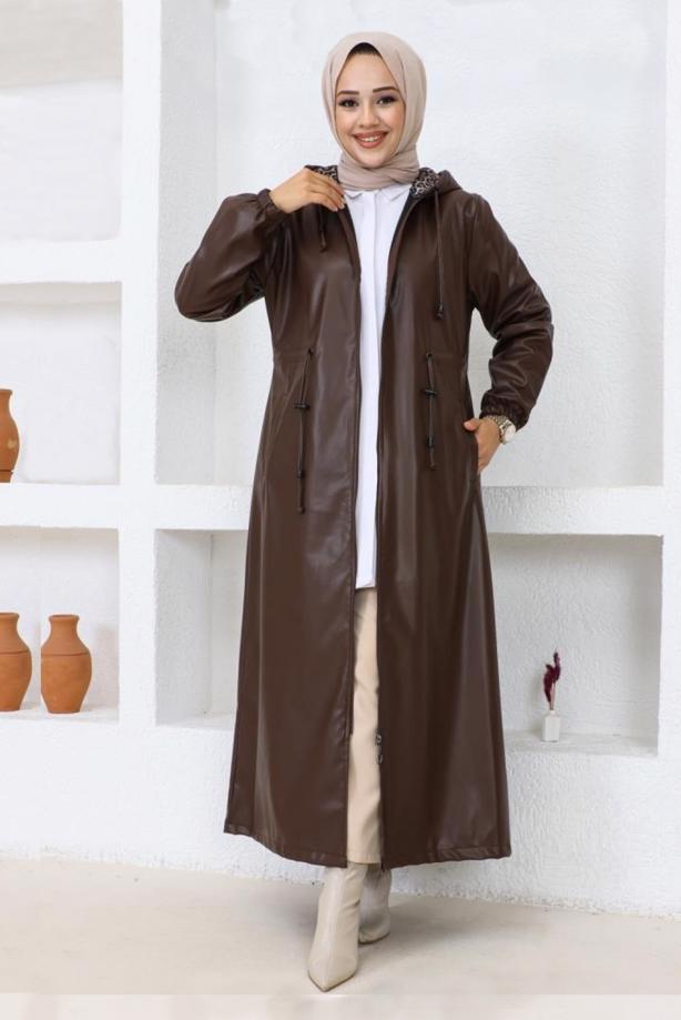 Vêtements hijab BRUN MANTEAU EN SIMILI CUIR À CAPUCHE T 4121 - TRENDTESETTÜR