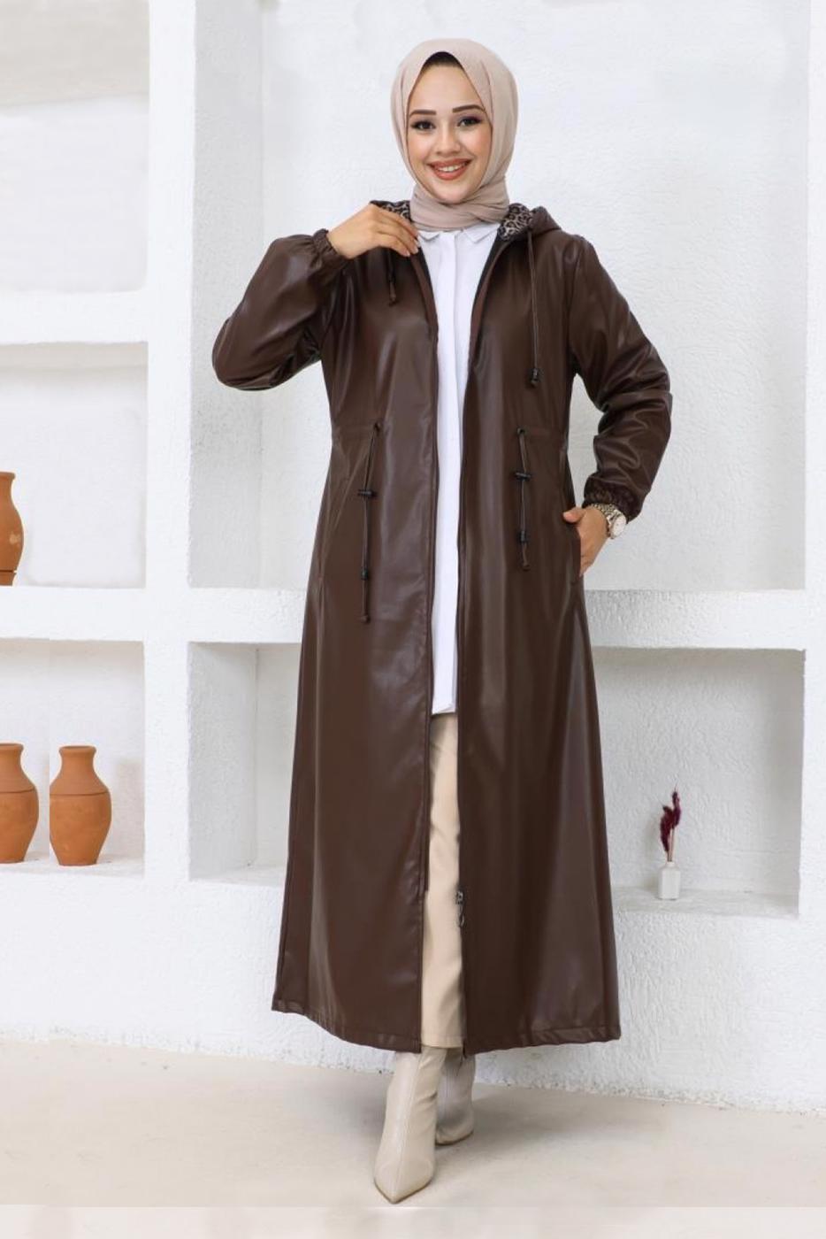 Vêtements hijab BRUN MANTEAU EN SIMILI CUIR À CAPUCHE T 4121